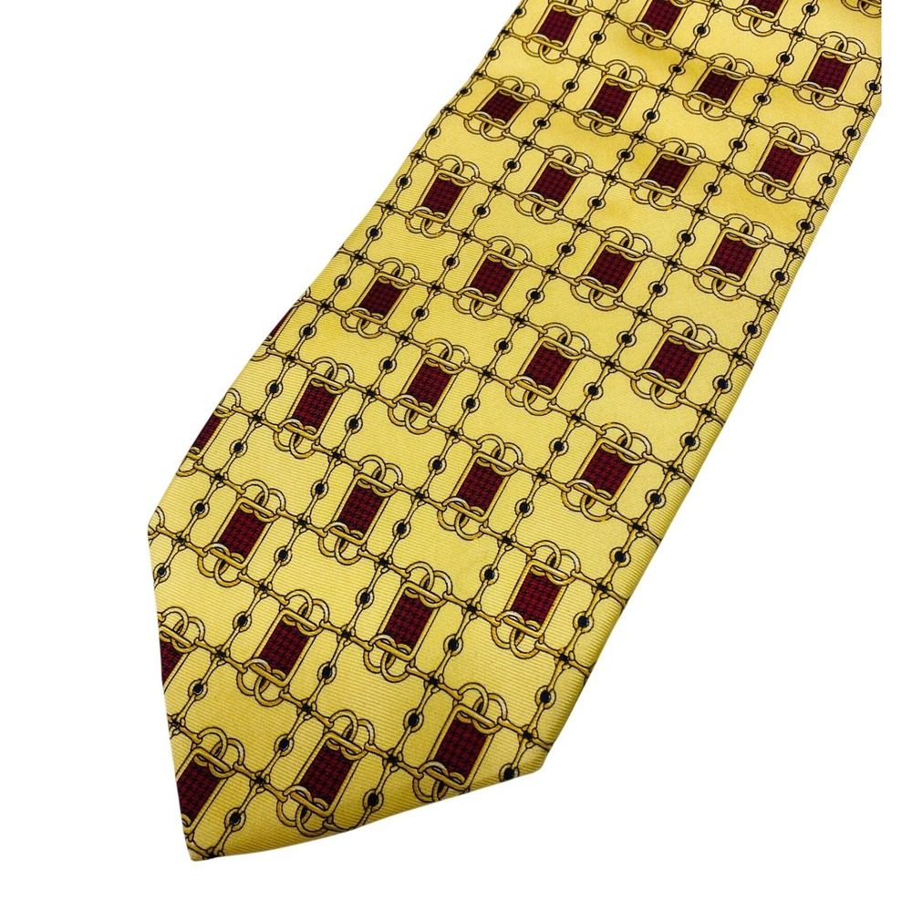 VTG Paolo Gucci Silk Tie Yellow Burgundy Geometric Chain Crest‎  Mens Necktie